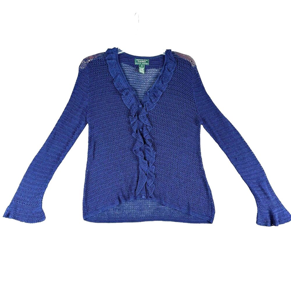 Lauren Ralph Lauren Cardigan Women's Medium Blue Open Exclusive Hand Knit Rayon
